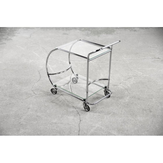 Image 1 of Chromed tubular steel and glass bar cart, 1950