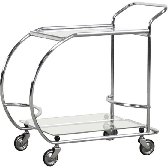 Image 1 of Chromed tubular steel and glass bar cart, 1950