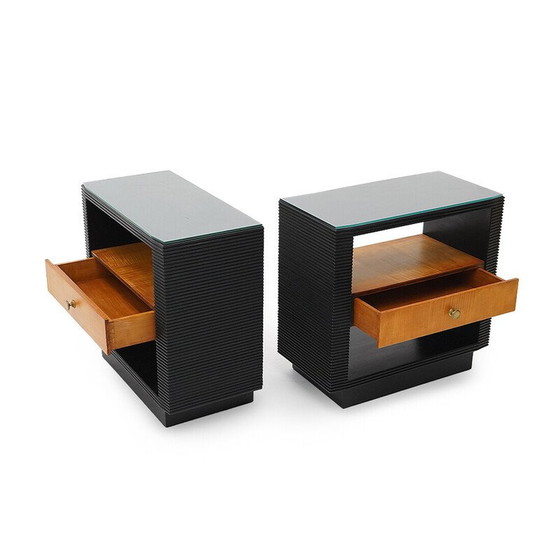 Image 1 of Pair of vintage Art Deco bedside tables in wood and glass, Italy 1930