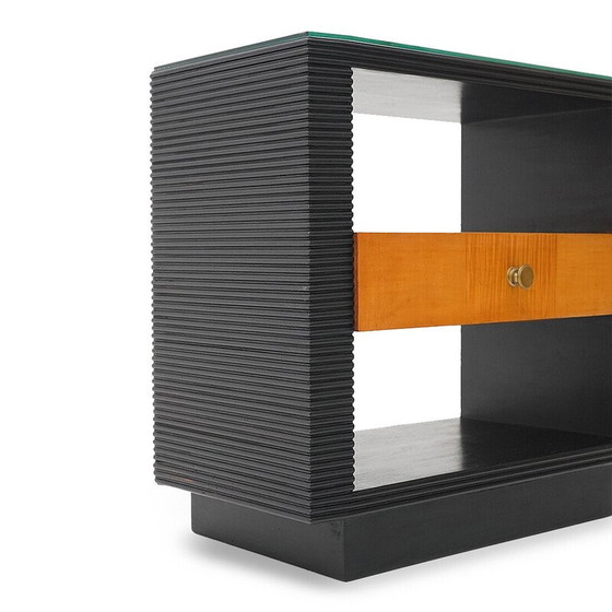 Image 1 of Pair of vintage Art Deco bedside tables in wood and glass, Italy 1930