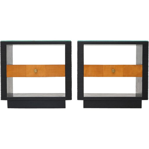Pareja de mesitas de noche Art Déco vintage en madera y cristal, Italia 1930