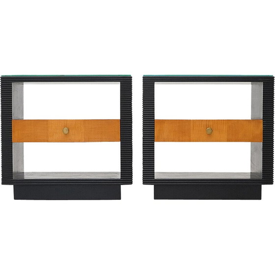 Image 1 of Pair of vintage Art Deco bedside tables in wood and glass, Italy 1930