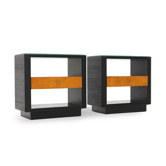 Image 1 of Pair of vintage Art Deco bedside tables in wood and glass, Italy 1930