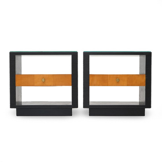 Image 1 of Pair of vintage Art Deco bedside tables in wood and glass, Italy 1930