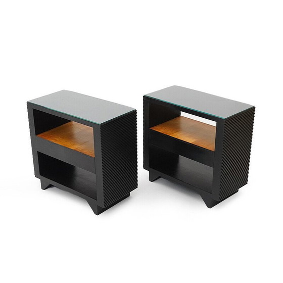 Image 1 of Pair of vintage Art Deco bedside tables in wood and glass, Italy 1930