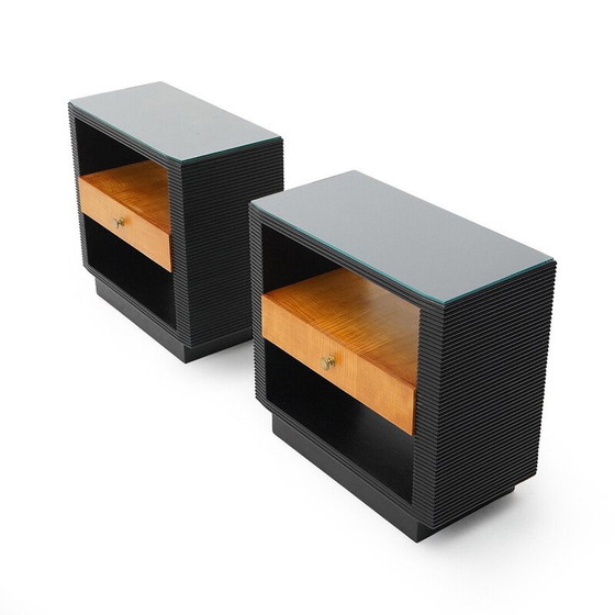 Image 1 of Pair of vintage Art Deco bedside tables in wood and glass, Italy 1930