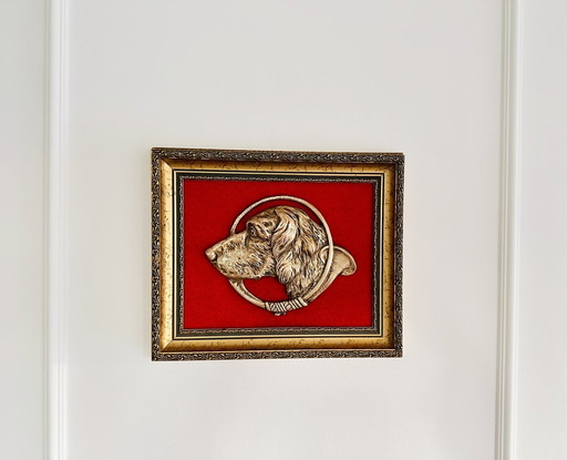 Framed Brass Wall Painting With Dog & Hunting Horn |