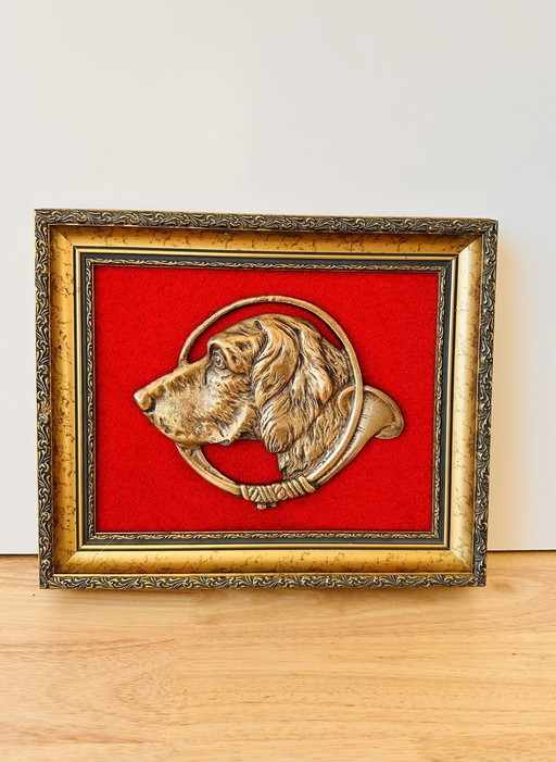 Framed Brass Wall Painting With Dog & Hunting Horn |