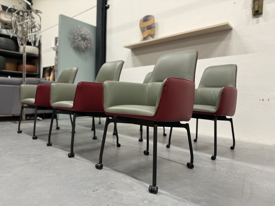 Image 1 of 6 Leolux Gyon Dining Chairs On Wheels Green Red Leather