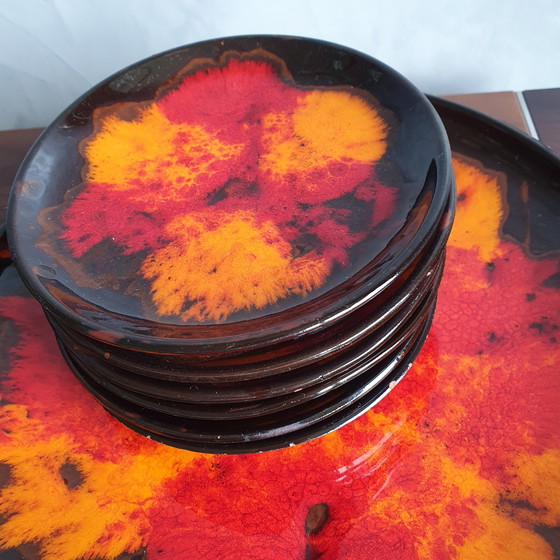 Image 1 of Fat Lava Pastry Bowl Plus 6 Plates 1970s