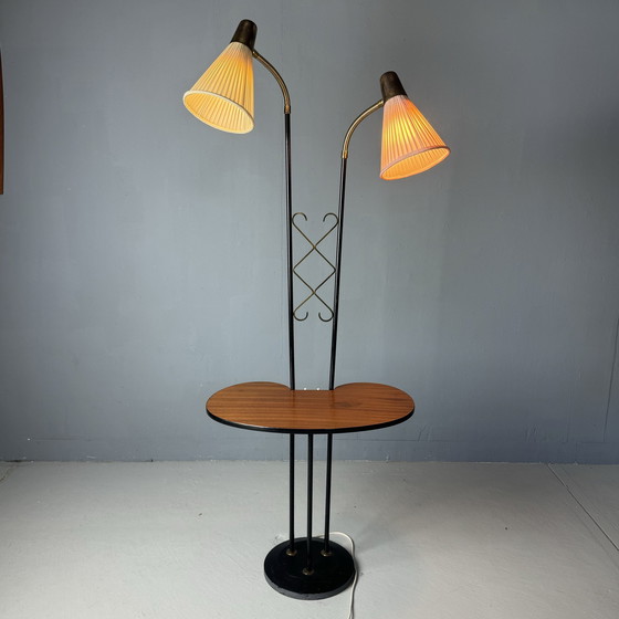 Image 1 of Swedish Ajh Floor Lamp With Table 1950s