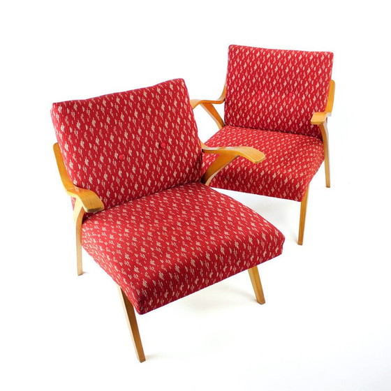 Image 1 of Sillón de mediados de siglo en tela roja y madera clara de Mier, Checoslovaquia, década de 1960
