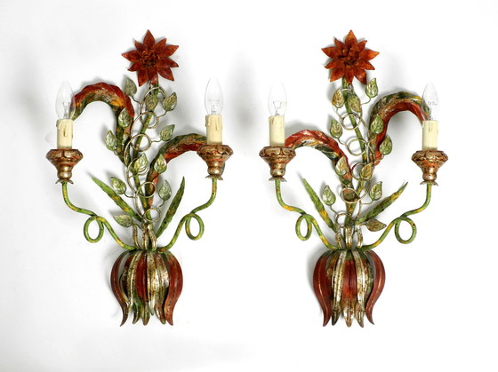 Image 1 of Pair of beautiful large floral Italian Mid Century Modern metal sconces