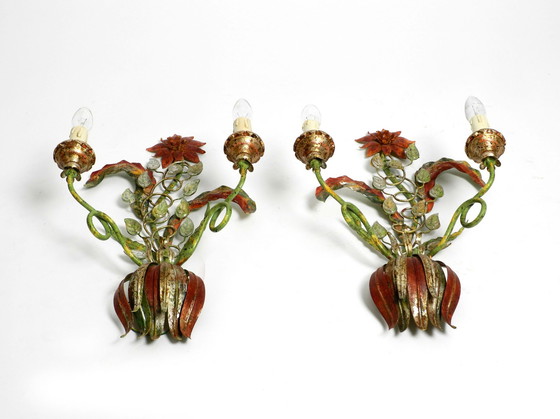 Image 1 of Pair of beautiful large floral Italian Mid Century Modern metal sconces