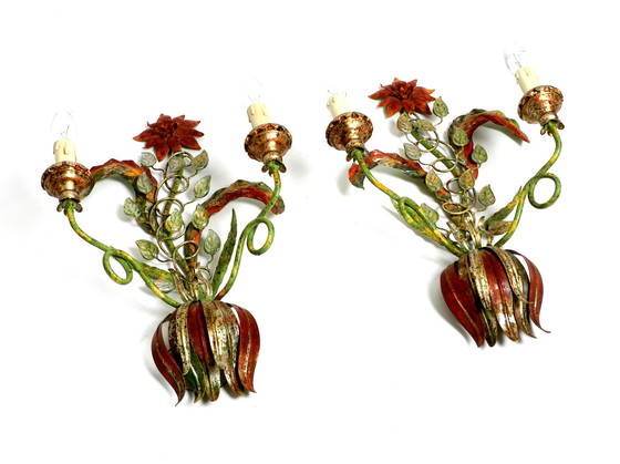 Image 1 of Pair of beautiful large floral Italian Mid Century Modern metal sconces