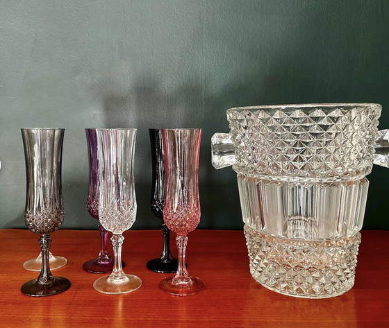 Image 1 of Cristal Champagne Glasses And Bucket Hand-Cut From Longchamp's Crystal D'Arques Pattern,