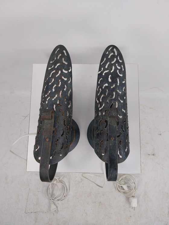 Image 1 of 1 set of brutalist sconces in style of Fantoni 1970's made in Italy.