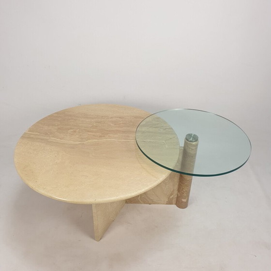 Image 1 of Vintage travertine and glass coffee table, Italy 1980