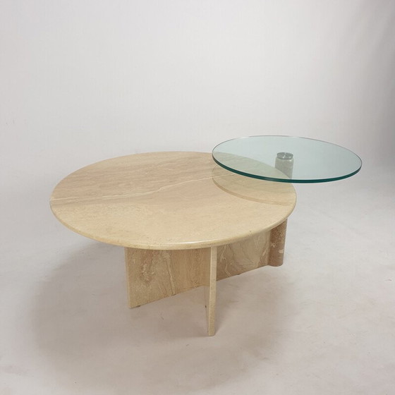 Image 1 of Vintage travertine and glass coffee table, Italy 1980