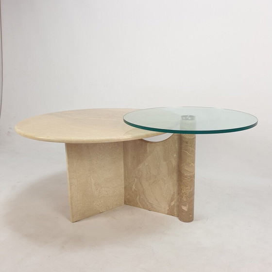 Image 1 of Vintage travertine and glass coffee table, Italy 1980