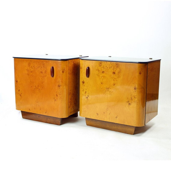 Image 1 of Pair of vintage night stands in wood and glass, Czechoslovakia 1940s