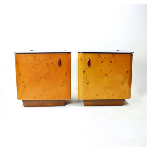 Image 1 of Pair of vintage night stands in wood and glass, Czechoslovakia 1940s