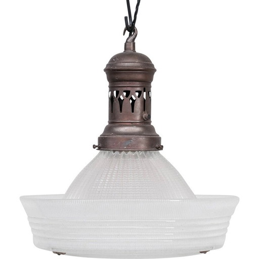 Vintage glass and brass Holophane pendant lamp, France 1930s