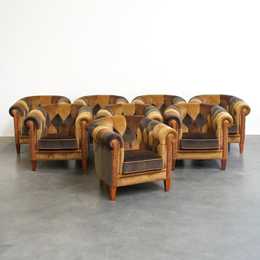 8 X Fabric Patchwork Chesterfield Club Armchair