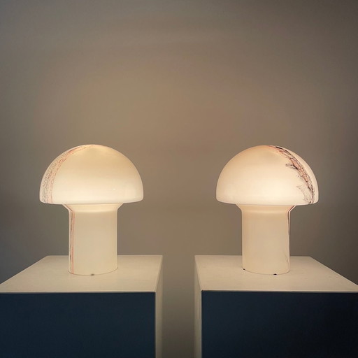 Pair of brown glass Peill and Putzler Lido mushroom table lamps, 1970