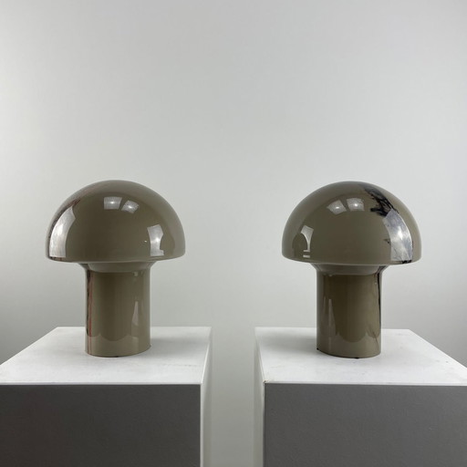 Pair of brown glass Peill and Putzler Lido mushroom table lamps, 1970