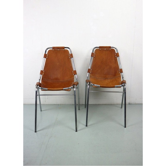Image 1 of Pair of vintage bar stools in chromed tubular metal and leather by Charlotte Perriand for Les Arcs, 1960