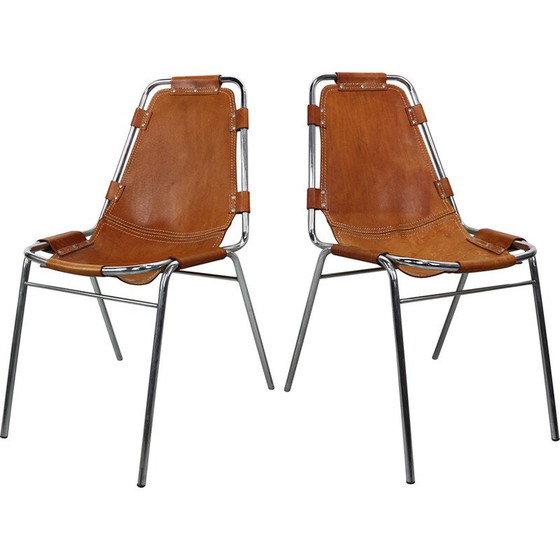 Image 1 of Pair of vintage bar stools in chromed tubular metal and leather by Charlotte Perriand for Les Arcs, 1960
