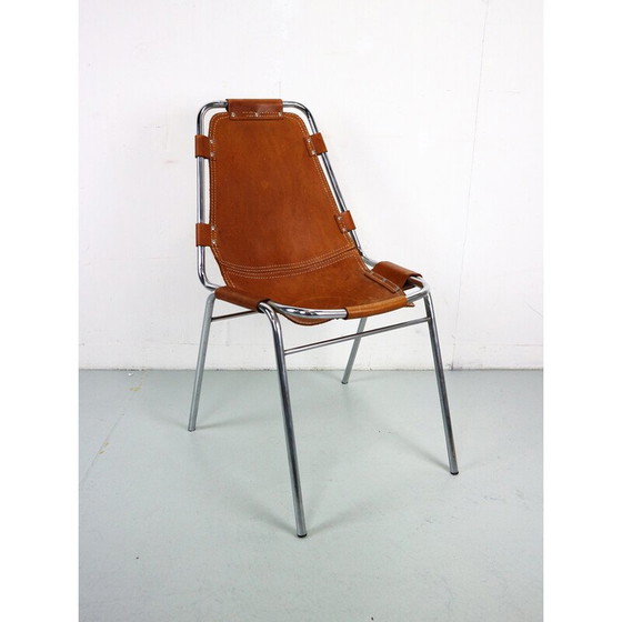 Image 1 of Pair of vintage bar stools in chromed tubular metal and leather by Charlotte Perriand for Les Arcs, 1960