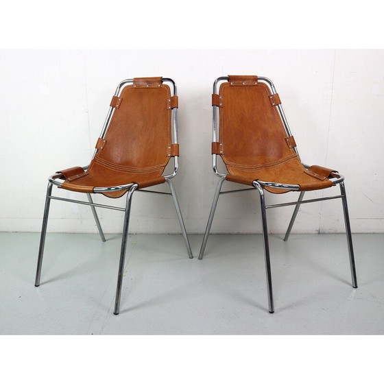 Image 1 of Pair of vintage bar stools in chromed tubular metal and leather by Charlotte Perriand for Les Arcs, 1960