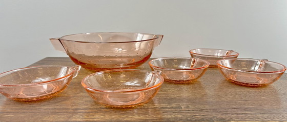 Image 1 of Pink Press Glass Bowl With Small Bowls