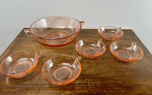 Pink Press Glass Bowl With Small Bowls