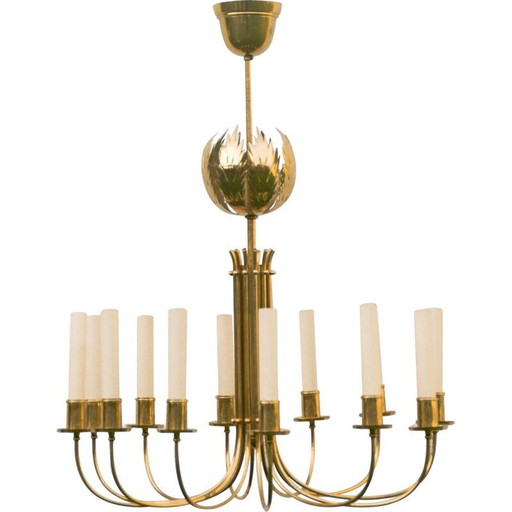 Vintage 12-branch brass chandelier with laurel wreath by United Workshops, 1950