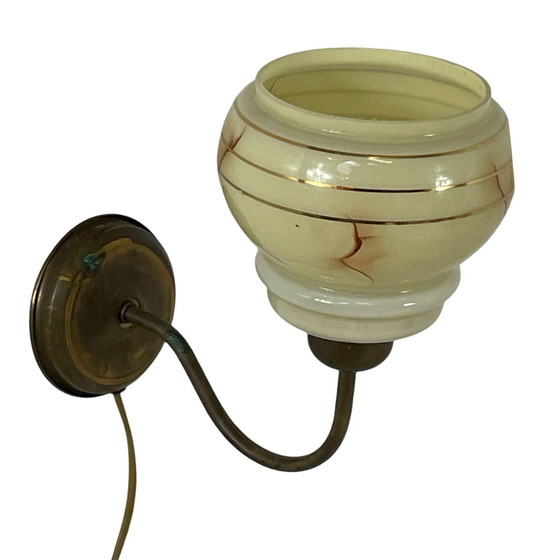 Image 1 of Art Deco - Night Light / Bed Side Lamp - Wall Mounted Lamp With Marbled Glass On Brass Base