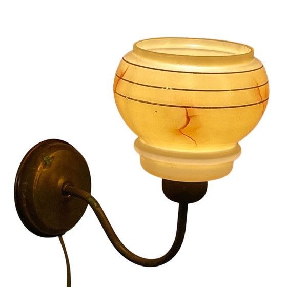 Image 1 of Art Deco - Night Light / Bed Side Lamp - Wall Mounted Lamp With Marbled Glass On Brass Base