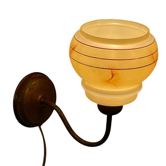 Image 1 of Art Deco - Night Light / Bed Side Lamp - Wall Mounted Lamp With Marbled Glass On Brass Base