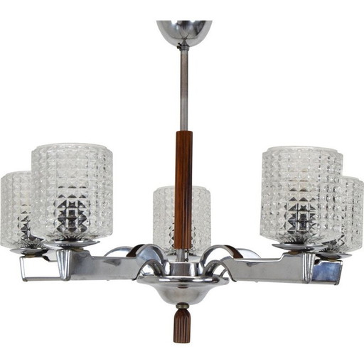 Vintage glass and chrome chandelier, Czechoslovakia 1960