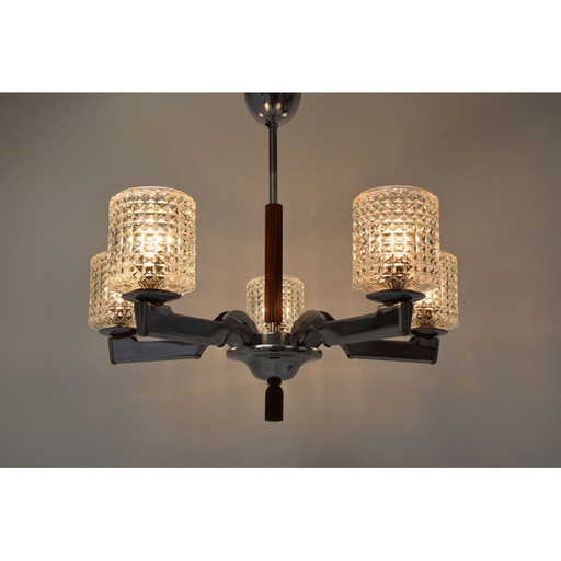 Vintage glass and chrome chandelier, Czechoslovakia 1960