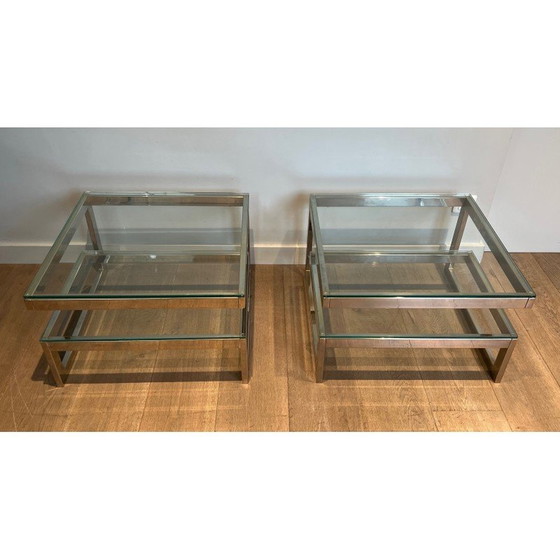Image 1 of Pair of vintage chrome and glass sofa ends, France 1970