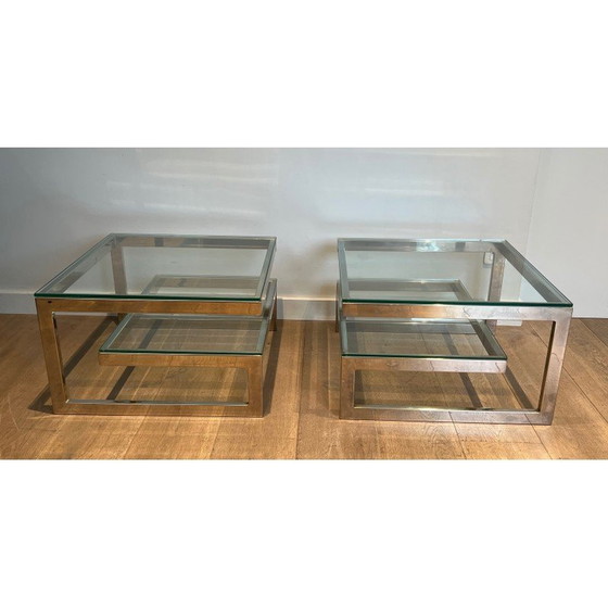 Image 1 of Pair of vintage chrome and glass sofa ends, France 1970