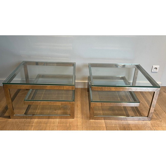 Image 1 of Pair of vintage chrome and glass sofa ends, France 1970