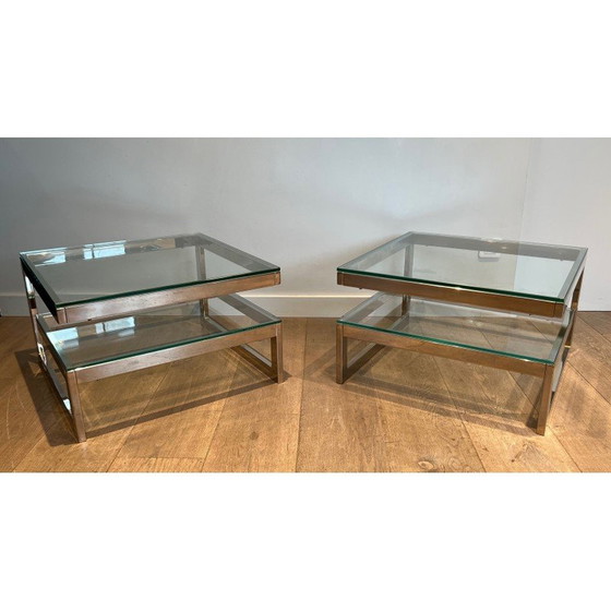 Image 1 of Pair of vintage chrome and glass sofa ends, France 1970