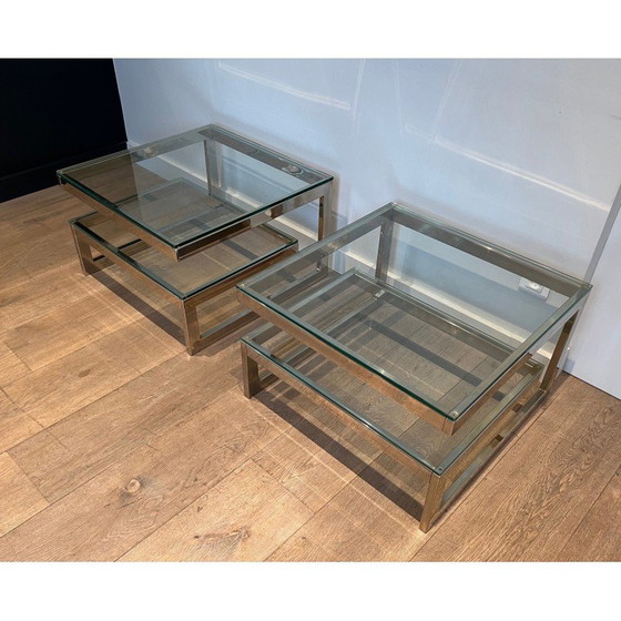 Image 1 of Pair of vintage chrome and glass sofa ends, France 1970