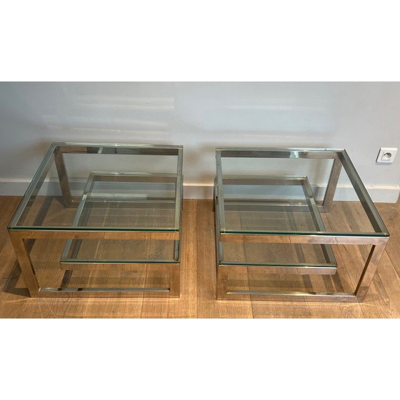 Image 1 of Pair of vintage chrome and glass sofa ends, France 1970