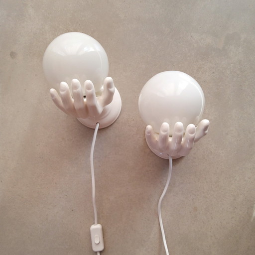 Set Of 2 Sculptural Porcelain Wall Lights Hand With Bulb