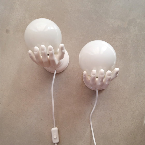 Image 1 of Set Of 2 Sculptural Porcelain Wall Lights Hand With Bulb